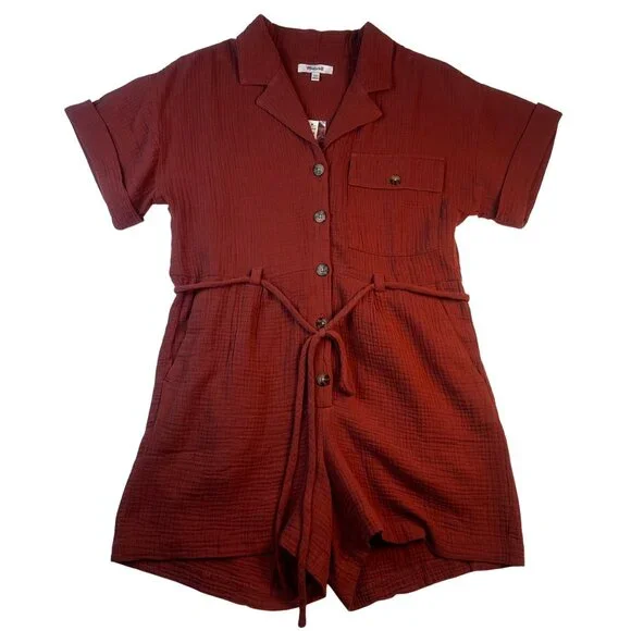 Madewell Womens Lightspun Belted Safari Romper Button-Down Tie-Waist  Sz XXS - Picture 13 of 14